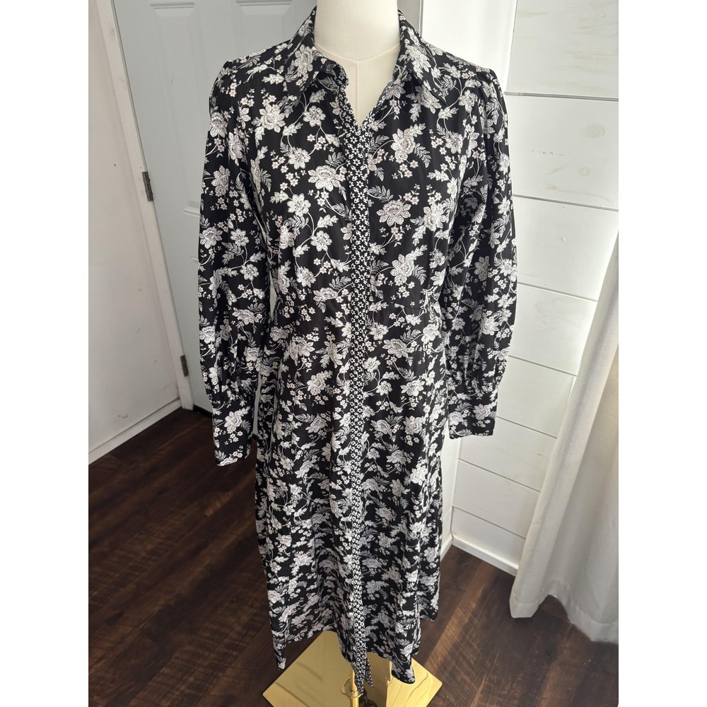 Boden Dress Womens 6 Black Floral Collared Button Front Midi Shirt Long‎ Sleeve